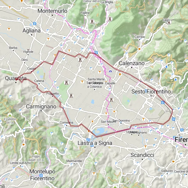 Map miniature of "Scenic Gravel Route: Quarrata to Tizzana" cycling inspiration in Toscana, Italy. Generated by Tarmacs.app cycling route planner
