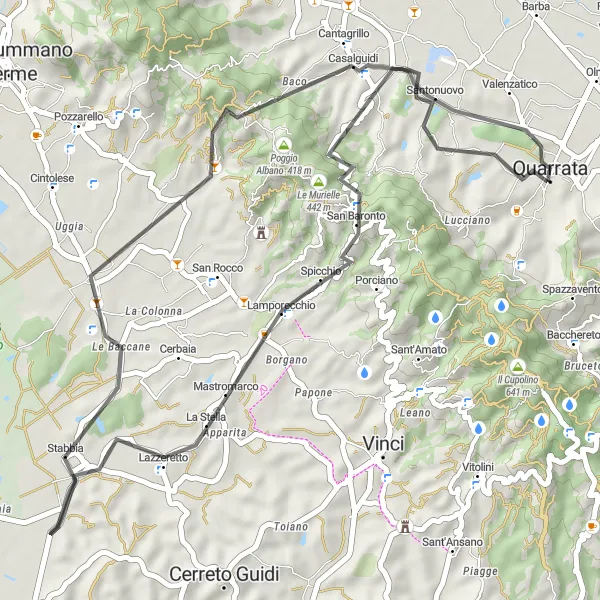 Kartminiatyr av "Kulturell Oppdagelse langs Lamporecchio" sykkelinspirasjon i Toscana, Italy. Generert av Tarmacs.app sykkelrutoplanlegger