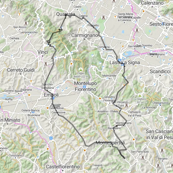 Miniatua del mapa de inspiración ciclista "Circuito escénico en carretera cerca de Quarrata" en Toscana, Italy. Generado por Tarmacs.app planificador de rutas ciclistas