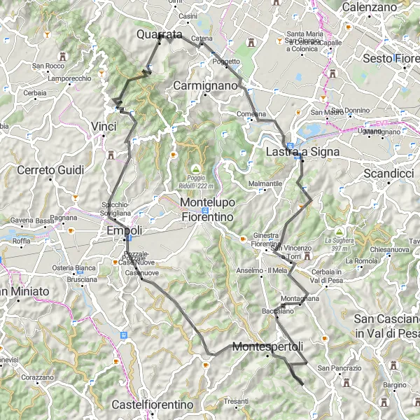 Miniatura della mappa di ispirazione al ciclismo "Avventura ciclistica da Quarrata ad Empoli attraverso Montespertoli" nella regione di Toscana, Italy. Generata da Tarmacs.app, pianificatore di rotte ciclistiche