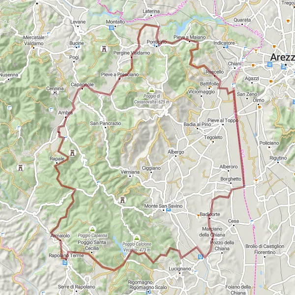 Miniature de la carte de l'inspiration cycliste "Le Tour des collines toscanes" dans la Toscana, Italy. Générée par le planificateur d'itinéraire cycliste Tarmacs.app