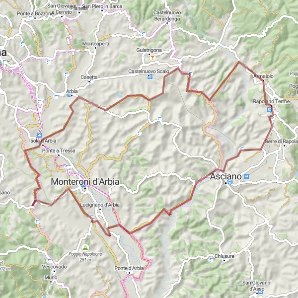 Miniatura della mappa di ispirazione al ciclismo "Chianti Gravel Adventure" nella regione di Toscana, Italy. Generata da Tarmacs.app, pianificatore di rotte ciclistiche