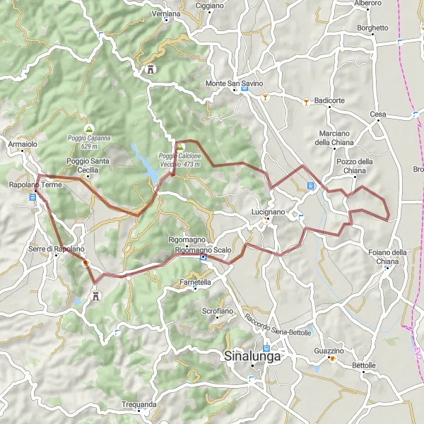 Miniaturekort af cykelinspirationen "Gruscykelrute til Pozzo della Chiana og Serre di Rapolano" i Toscana, Italy. Genereret af Tarmacs.app cykelruteplanlægger