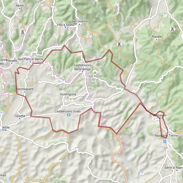 Miniatura della mappa di ispirazione al ciclismo "Girando per le colline di Rapolano" nella regione di Toscana, Italy. Generata da Tarmacs.app, pianificatore di rotte ciclistiche