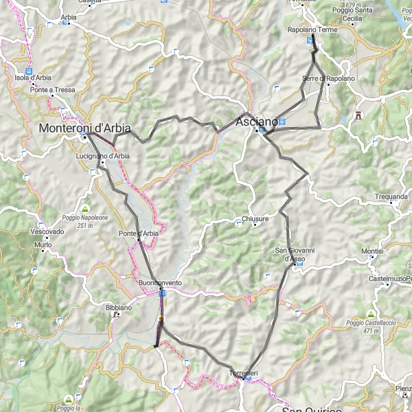 Kartminiatyr av "Vägcykling genom vackra toskanska byar och landskap" cykelinspiration i Toscana, Italy. Genererad av Tarmacs.app cykelruttplanerare