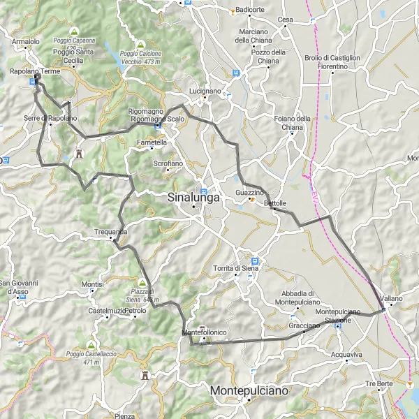 Map miniature of "Road to Serre di Rapolano" cycling inspiration in Toscana, Italy. Generated by Tarmacs.app cycling route planner