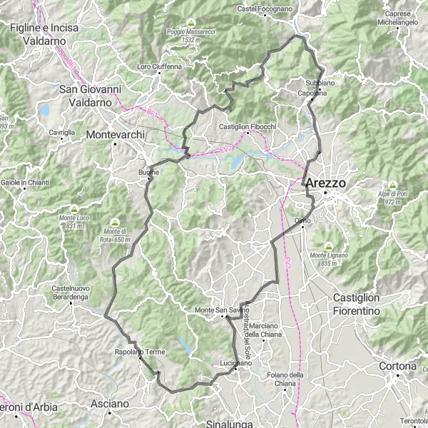 Miniatura della mappa di ispirazione al ciclismo "Giro in bicicletta da Rapolano Terme a Monte San Savino" nella regione di Toscana, Italy. Generata da Tarmacs.app, pianificatore di rotte ciclistiche