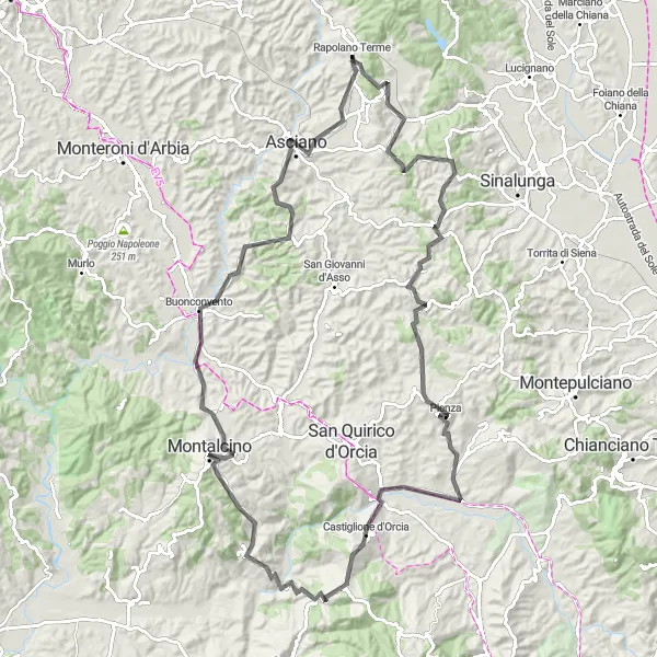 Miniature de la carte de l'inspiration cycliste "Le Circuit des villages toscans" dans la Toscana, Italy. Générée par le planificateur d'itinéraire cycliste Tarmacs.app