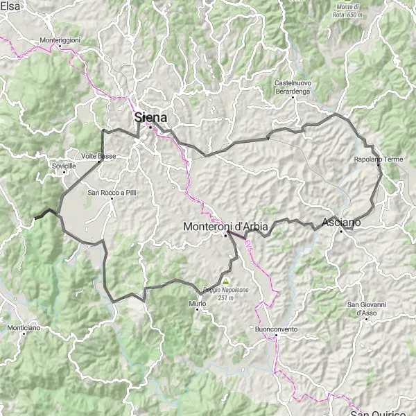 Miniatua del mapa de inspiración ciclista "Ruta de Siena y Monteroni d'Arbia" en Toscana, Italy. Generado por Tarmacs.app planificador de rutas ciclistas