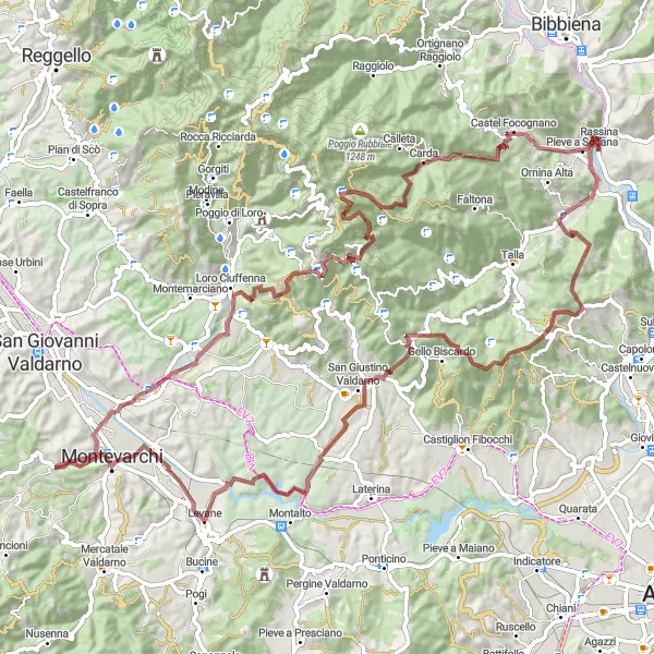 Miniatura della mappa di ispirazione al ciclismo "Giro Gravel dalla Valle dell'Inferno a Rassina" nella regione di Toscana, Italy. Generata da Tarmacs.app, pianificatore di rotte ciclistiche