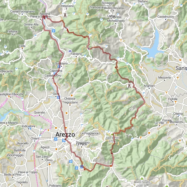 Miniatura della mappa di ispirazione al ciclismo "Gravel tour tra aree naturali" nella regione di Toscana, Italy. Generata da Tarmacs.app, pianificatore di rotte ciclistiche