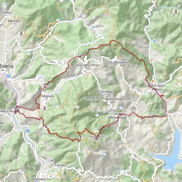 Map miniature of "Rassina to Monte Penna Gravel Exploration" cycling inspiration in Toscana, Italy. Generated by Tarmacs.app cycling route planner