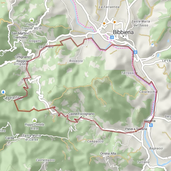 Miniaturní mapa "Gravelová cesta okolo Rassiny" inspirace pro cyklisty v oblasti Toscana, Italy. Vytvořeno pomocí plánovače tras Tarmacs.app