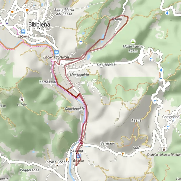 Map miniature of "Rassina to Terrossola Gravel Ride" cycling inspiration in Toscana, Italy. Generated by Tarmacs.app cycling route planner