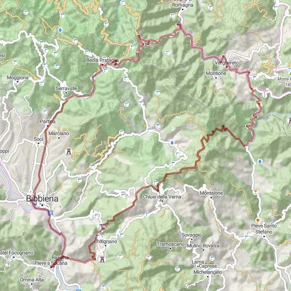 Miniatua del mapa de inspiración ciclista "Camino de Grava de Rassina a Pieve a Socana y Atrás" en Toscana, Italy. Generado por Tarmacs.app planificador de rutas ciclistas