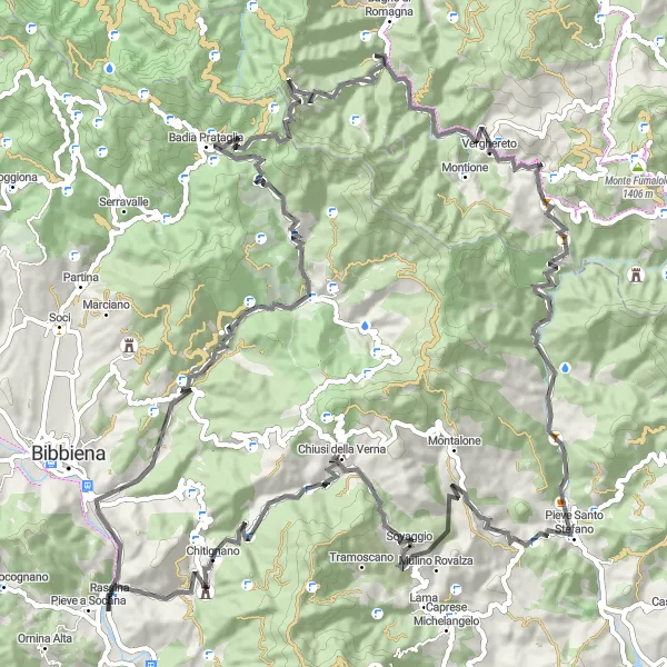Miniatura della mappa di ispirazione al ciclismo "Tour in bicicletta da Rassina a Chitignano" nella regione di Toscana, Italy. Generata da Tarmacs.app, pianificatore di rotte ciclistiche