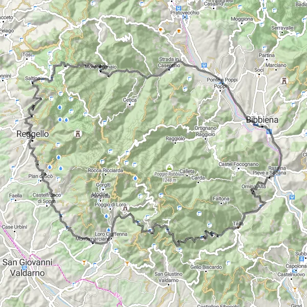 Miniatura della mappa di ispirazione al ciclismo "Giro in bicicletta con partenza da Rassina" nella regione di Toscana, Italy. Generata da Tarmacs.app, pianificatore di rotte ciclistiche
