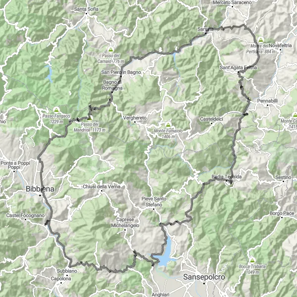 Miniatua del mapa de inspiración ciclista "Ruta de ciclismo de carretera a través de montañas toscanas" en Toscana, Italy. Generado por Tarmacs.app planificador de rutas ciclistas