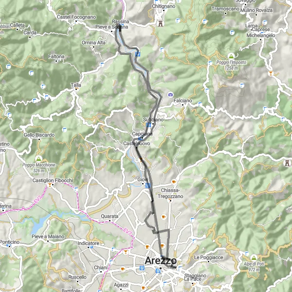 Miniaturní mapa "Kola kolem Rassiny" inspirace pro cyklisty v oblasti Toscana, Italy. Vytvořeno pomocí plánovače tras Tarmacs.app