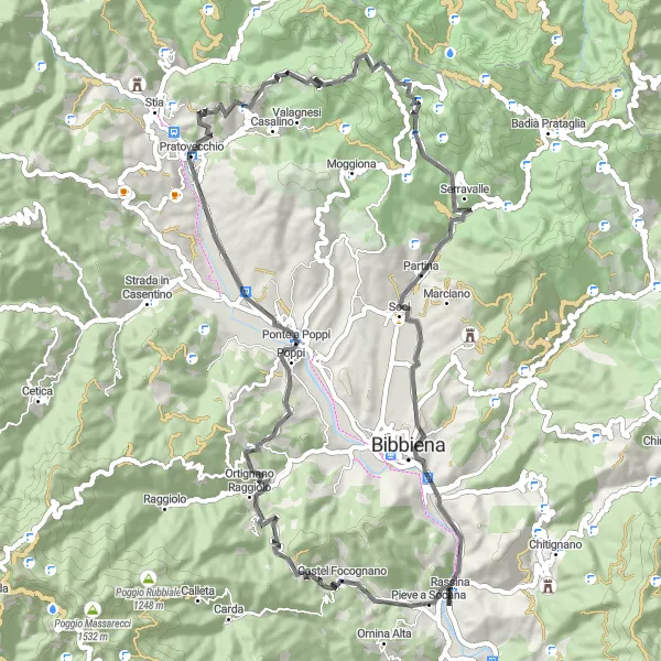 Miniatua del mapa de inspiración ciclista "Ruta de Carretera de Rassina a Partina y Atrás" en Toscana, Italy. Generado por Tarmacs.app planificador de rutas ciclistas