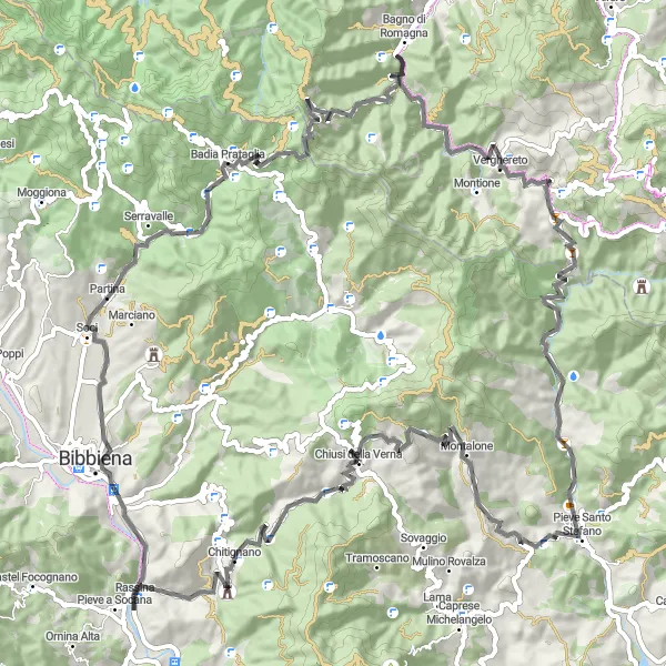 Miniatura della mappa di ispirazione al ciclismo "Avventura in sella alla road bike" nella regione di Toscana, Italy. Generata da Tarmacs.app, pianificatore di rotte ciclistiche