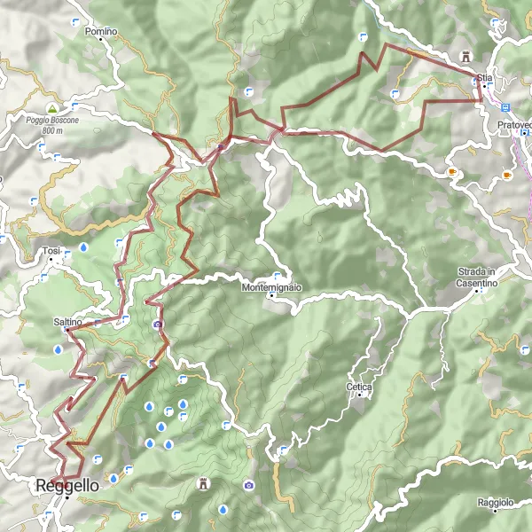 Map miniature of "Reggello Gravel Loop" cycling inspiration in Toscana, Italy. Generated by Tarmacs.app cycling route planner