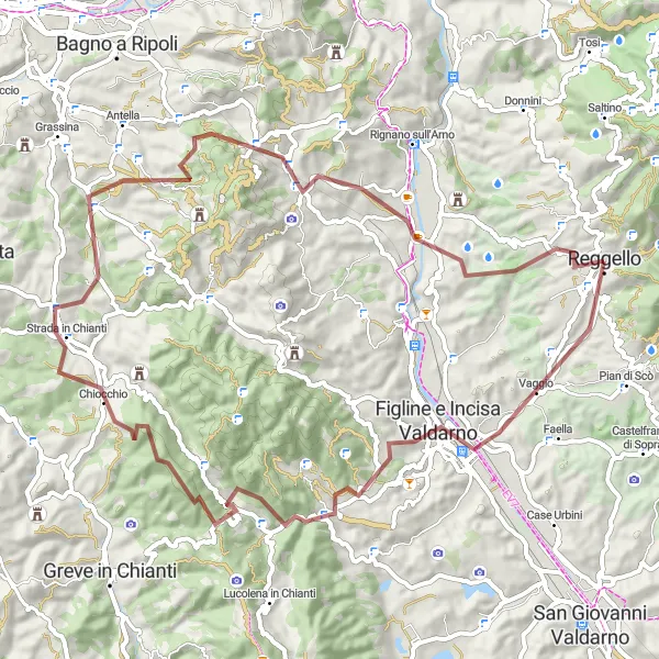 Miniatua del mapa de inspiración ciclista "Ruta de grava alrededor de Reggello" en Toscana, Italy. Generado por Tarmacs.app planificador de rutas ciclistas