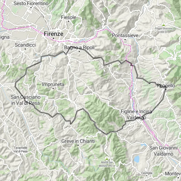 Map miniature of "Road to Renaissance" cycling inspiration in Toscana, Italy. Generated by Tarmacs.app cycling route planner