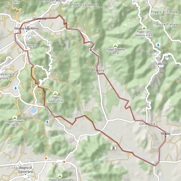 Map miniature of "Ribolla Gravel Adventure" cycling inspiration in Toscana, Italy. Generated by Tarmacs.app cycling route planner