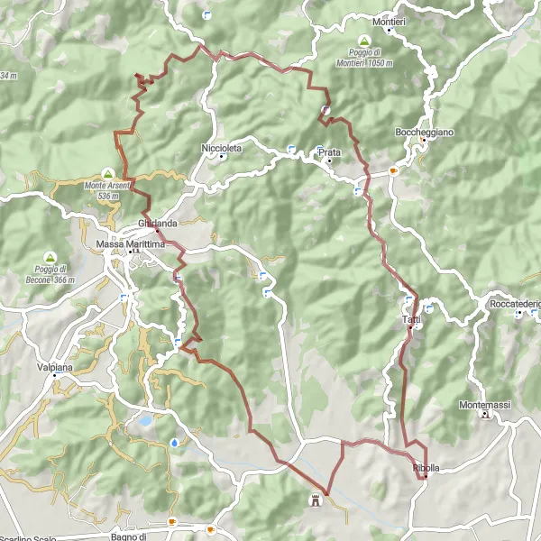 Miniatura della mappa di ispirazione al ciclismo "Tour in bicicletta tra ghiaia da Ribolla a Ghirlanda" nella regione di Toscana, Italy. Generata da Tarmacs.app, pianificatore di rotte ciclistiche