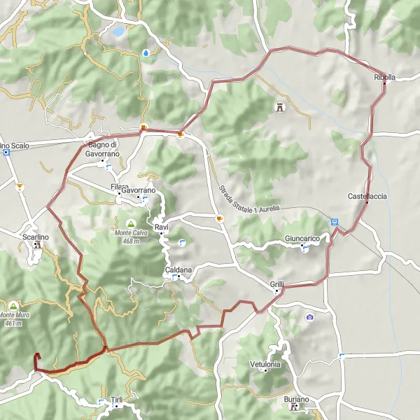 Map miniature of "Ribolla Gravel Quest" cycling inspiration in Toscana, Italy. Generated by Tarmacs.app cycling route planner