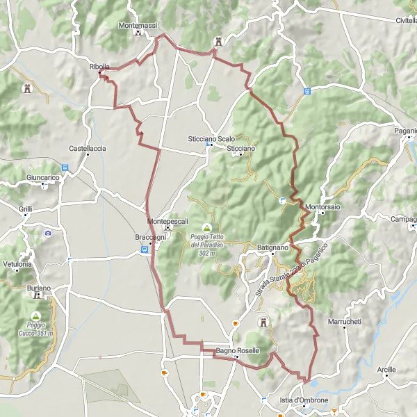 Miniatuurkaart van de fietsinspiratie "Gravelroute van Ribolla naar Bagno Roselle" in Toscana, Italy. Gemaakt door de Tarmacs.app fietsrouteplanner
