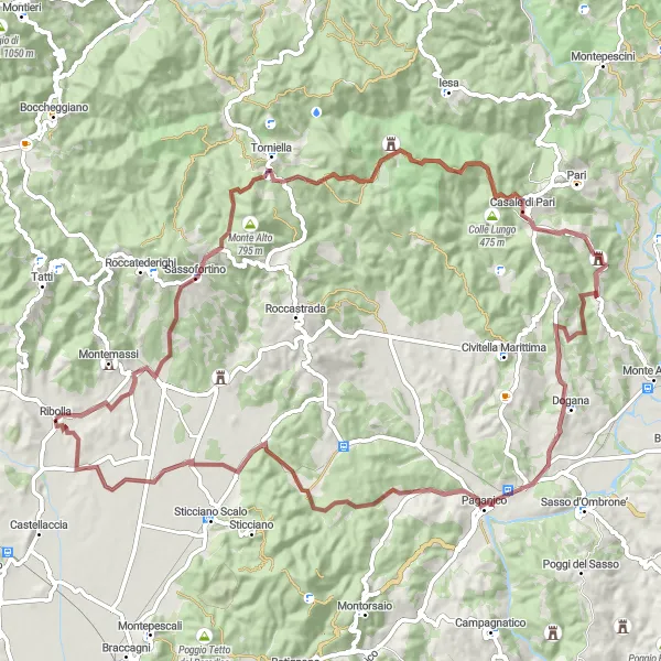 Miniatuurkaart van de fietsinspiratie "Gravelroute van Ribolla naar Monte Lattaia" in Toscana, Italy. Gemaakt door de Tarmacs.app fietsrouteplanner