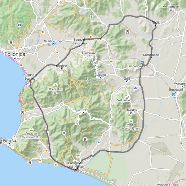 Miniatua del mapa de inspiración ciclista "Recorrido por Bagno di Gavorrano y Poggio Le Nebbiaie" en Toscana, Italy. Generado por Tarmacs.app planificador de rutas ciclistas