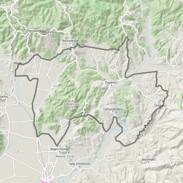 Kartminiatyr av "Äventyrlig klättring runt Ribolla" cykelinspiration i Toscana, Italy. Genererad av Tarmacs.app cykelruttplanerare