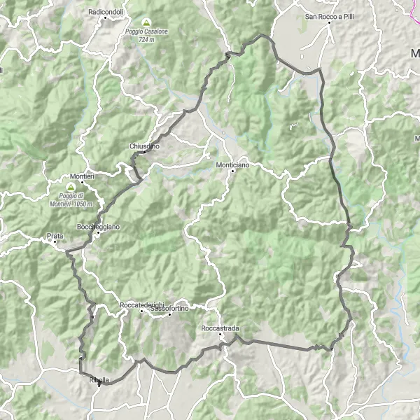 Map miniature of "Ribolla Road Grand Tour" cycling inspiration in Toscana, Italy. Generated by Tarmacs.app cycling route planner