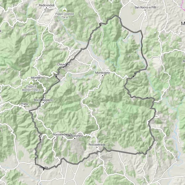 Map miniature of "Giro della Ribolla" cycling inspiration in Toscana, Italy. Generated by Tarmacs.app cycling route planner