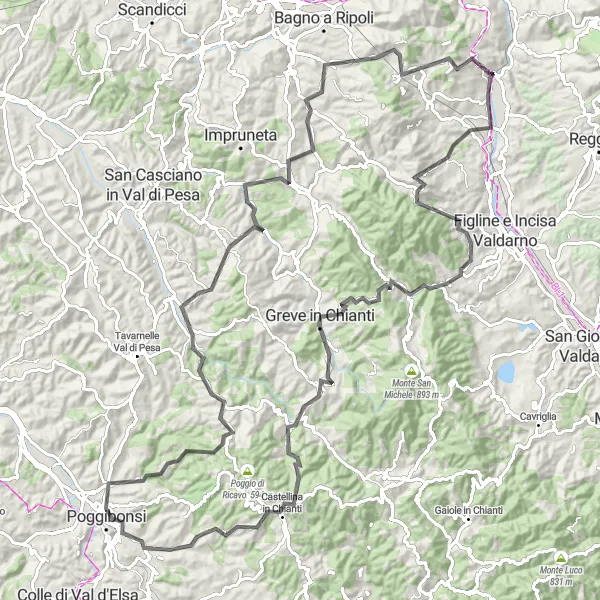 Miniatura della mappa di ispirazione al ciclismo "Giro in bicicletta tra le colline toscane" nella regione di Toscana, Italy. Generata da Tarmacs.app, pianificatore di rotte ciclistiche