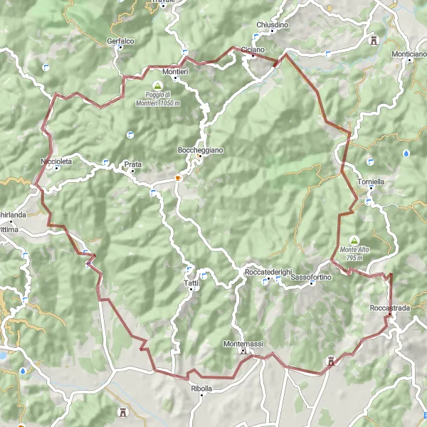 Karttaminiaatyyri "Gravel Tour of Roccastrada" pyöräilyinspiraatiosta alueella Toscana, Italy. Luotu Tarmacs.app pyöräilyreittisuunnittelijalla