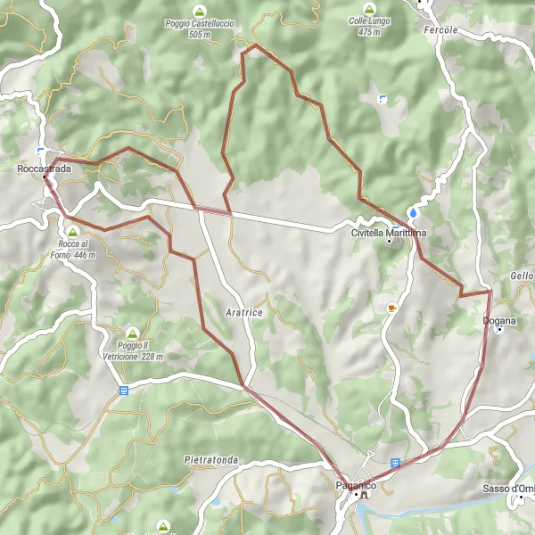 Miniature de la carte de l'inspiration cycliste "Parcours VTT autour de Roccastrada" dans la Toscana, Italy. Générée par le planificateur d'itinéraire cycliste Tarmacs.app