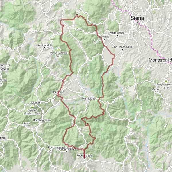 Map miniature of "Scenic Gravel Cycling Route near Roccastrada" cycling inspiration in Toscana, Italy. Generated by Tarmacs.app cycling route planner