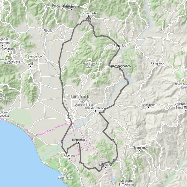 Miniatura della mappa di ispirazione al ciclismo "Il Giro delle Colline Maremmane" nella regione di Toscana, Italy. Generata da Tarmacs.app, pianificatore di rotte ciclistiche