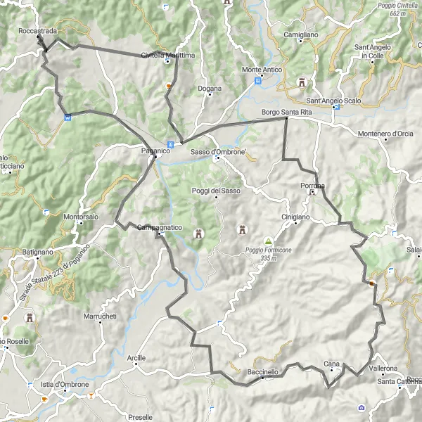 Karten-Miniaturansicht der Radinspiration "Roccastrada - Poggio San Niccolò - Campagnatico - Poggio del Cimbello - Roccastrada" in Toscana, Italy. Erstellt vom Tarmacs.app-Routenplaner für Radtouren