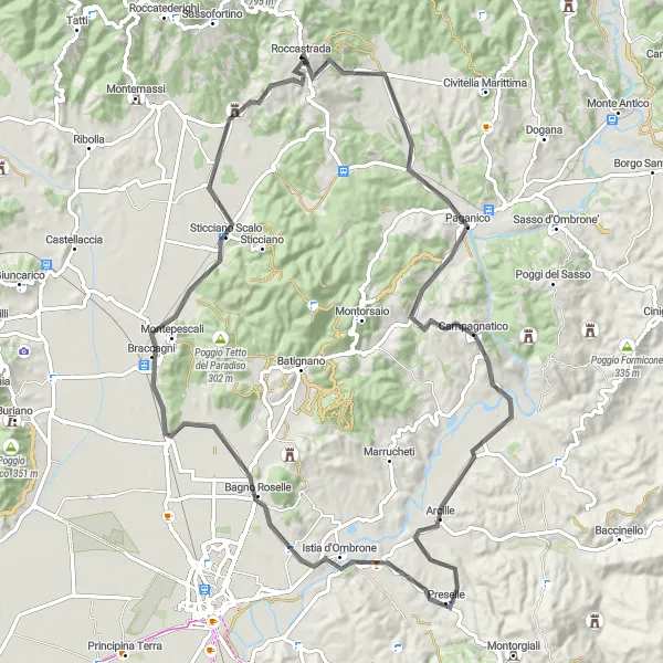 Miniatura della mappa di ispirazione al ciclismo "Giro ciclistico stradale di Roccastrada e dintorni" nella regione di Toscana, Italy. Generata da Tarmacs.app, pianificatore di rotte ciclistiche