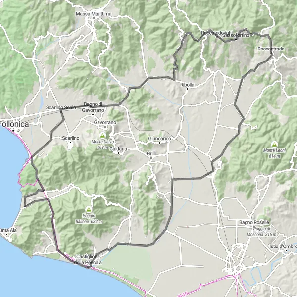 Map miniature of "Castiglione della Pescaia and Montalcino Road Loop" cycling inspiration in Toscana, Italy. Generated by Tarmacs.app cycling route planner