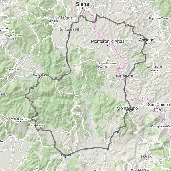 Mapa miniatúra "Cyklistická trasa s výhľadmi na toskánsku krajinu" cyklistická inšpirácia v Toscana, Italy. Vygenerované cyklistickým plánovačom trás Tarmacs.app