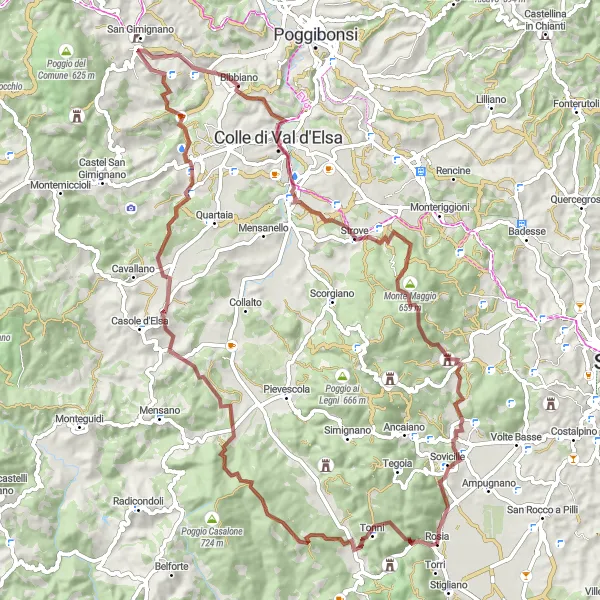 Miniature de la carte de l'inspiration cycliste "Exploration des sentiers de gravel en Toscane" dans la Toscana, Italy. Générée par le planificateur d'itinéraire cycliste Tarmacs.app