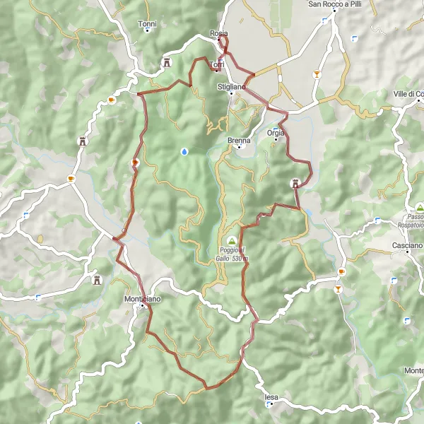 Miniatuurkaart van de fietsinspiratie "Schilderachtige gravelroute naar Monticiano" in Toscana, Italy. Gemaakt door de Tarmacs.app fietsrouteplanner