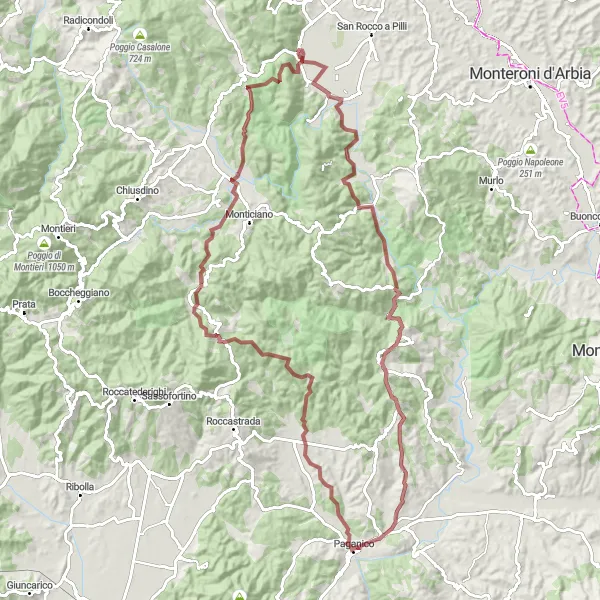 Miniaturní mapa "Gravelová trasa Rosia" inspirace pro cyklisty v oblasti Toscana, Italy. Vytvořeno pomocí plánovače tras Tarmacs.app