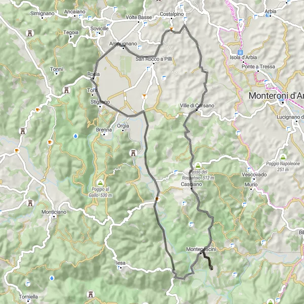 Mapa miniatúra "Cestný okruh cez Monte Cucco" cyklistická inšpirácia v Toscana, Italy. Vygenerované cyklistickým plánovačom trás Tarmacs.app